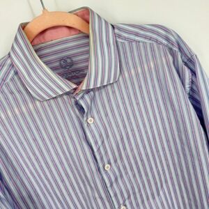 Bugatchi Uomo Striped‎ Dress Shirt Mens Long Sleeve Button Up Light Blue Pink